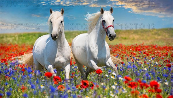 KI generated, A horse, horses, Arabian, in front of a blue sky, thoroughbred Arabian, AV, Arabian thoroughbred, (Eqqus ferus caballus), running in a meadow with colourful flowers