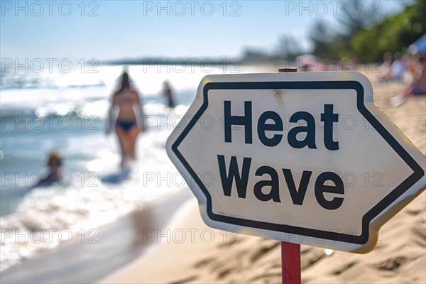 Sign with text 'Heat wave' in front of blurry sunny beach with people. KI generiert, generiert, AI generated