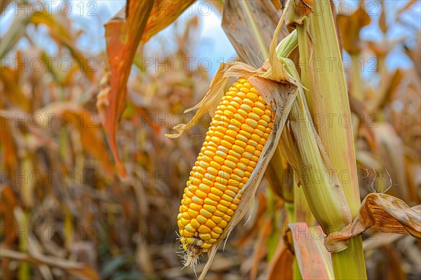 Corn maize stalk in open husk in sunny agricultural field. KI generiert, generiert, AI generated