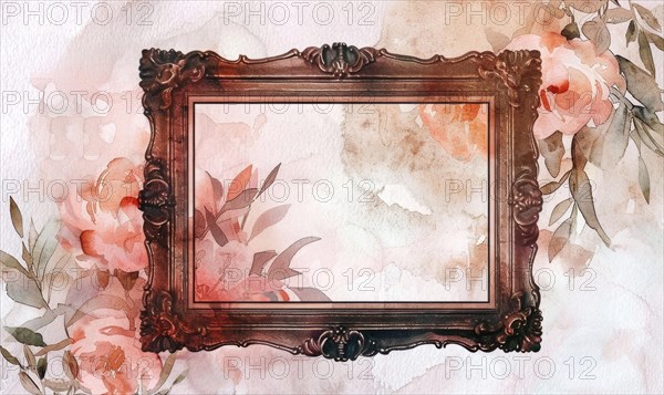 A gold frame with pink flowers on the wall. Abstract background with frame and space for text AI generated
