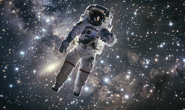 An astronaut on a spacewalk surrounded by the vastness of starry space, conveying solitude AI generated