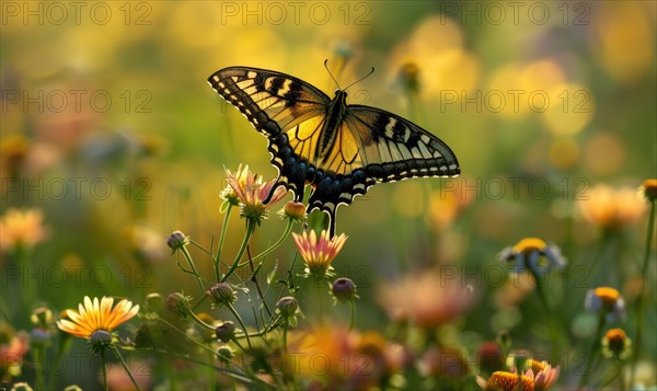 Butterfly amidst wildflowers, closeup view, selective focus, spring nature AI generated