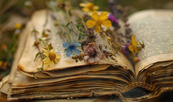 Close-up of wildflowers pressed between pages of an old book AI generated