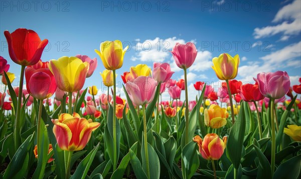 Field of vibrant tulips, spring nature, tulip background AI generated