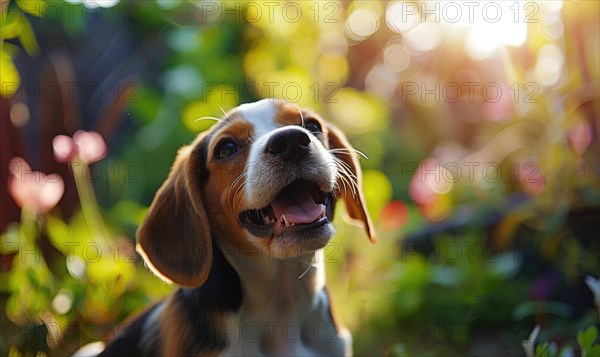 Happy Beagle puppy with floppy ears enjoying a sunny day in the garden AI generated