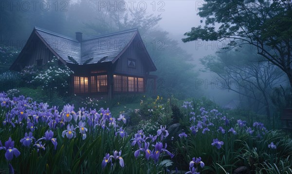 Morning mist enveloping a contemporary wooden cabin hidden deep within a spring garden filled with blooming irises and lilies AI generated