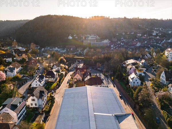 A sunny spring morning over a village with a view of roofs and trees, Calw, Black Forest, Germany, Europe