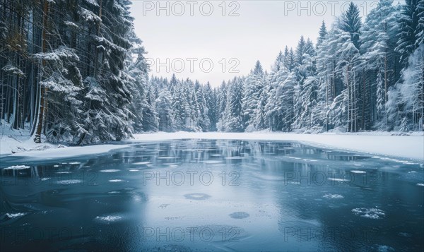 A winter landscape with a frozen lake and snow-covered pine forest AI generated