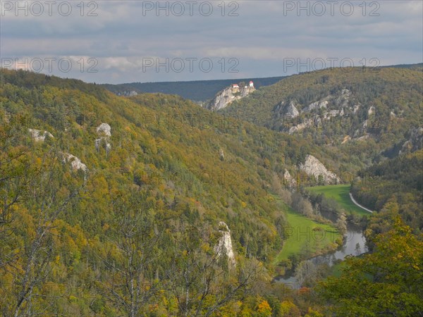 View of the Upper Danube valley with Bronnen Castle, autumn atmosphere, Fridingen, Tuttlingen district, Baden-Wuerttemberg, Germany, Europe