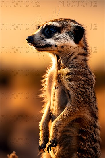 Meerkat standing on its hind legs vigilantly scanning the horizon of the Kalahari desert, AI generated