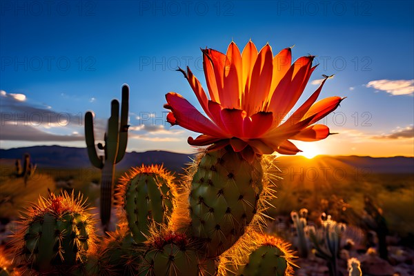 Saguaro cactus with vibrant flower in full bloom in early morning light, AI generated