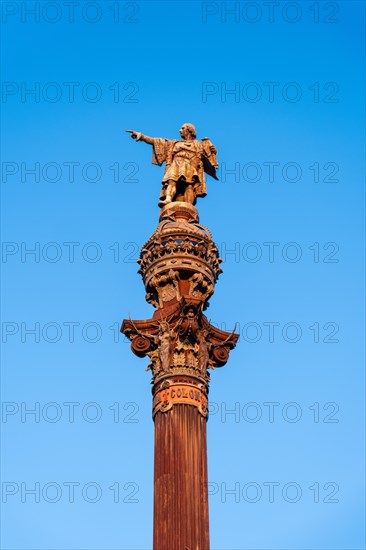 Columbus Column at the end of the Ramblas, Christopher Columbus points towards the New World, Barcelona, Spain, Europe