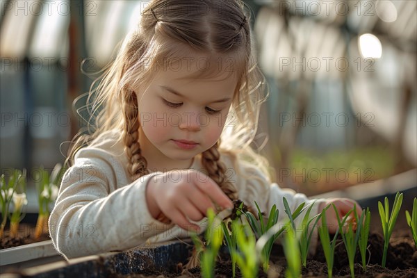 Child taking care of small plant seedlings in greenhouse. KI generiert, generiert, AI generated