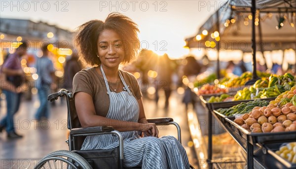 A serene scene of a woman in a wheelchair shopping at a vegetable market during sunset, AI generated