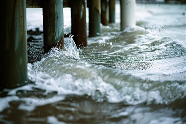 Water lapping against wooden poles. KI generiert, generiert, AI generated