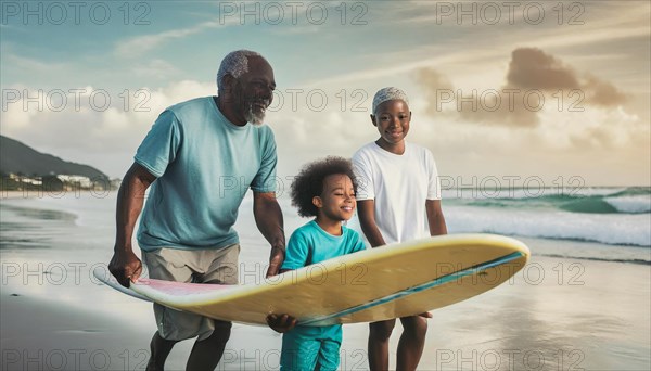 Family time at the beach with a senior man, daughter and a boy enjoying with a surfboard at twilight, AI generated