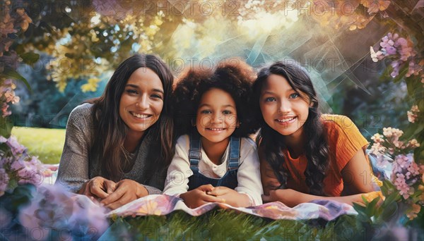 Three sisters sharing a joyful moment outdoors during a picnic, AI generated