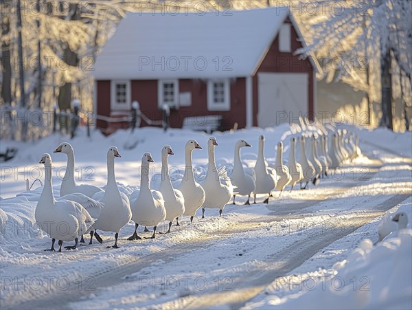 A flock of swans walks along a snowy country lane in the morning sun, AI generated, AI generated, AI generated