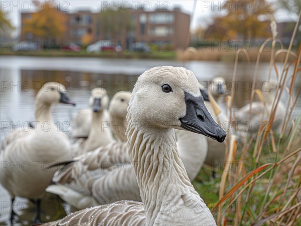 A goose in the foreground looks back at a group in the water, AI generated, AI generated, AI generated