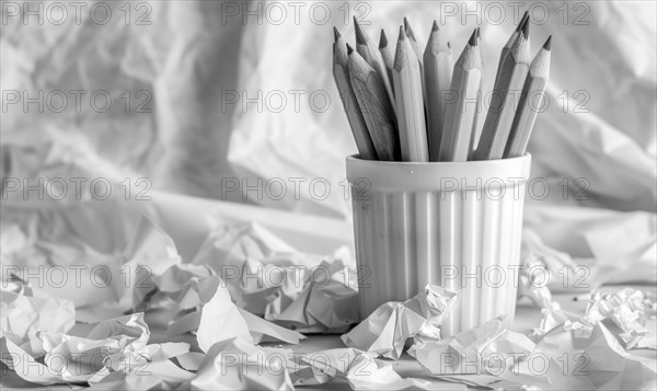 Graphite pencils arranged in a cup on a desk, surrounded by crumpled sheets of discarded white paper AI generated