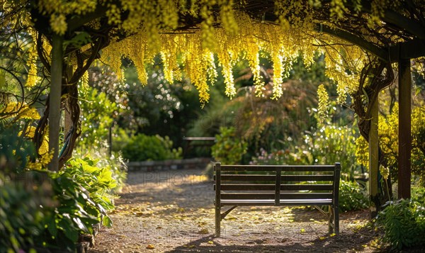 Laburnum branches arching over a garden bench AI generated