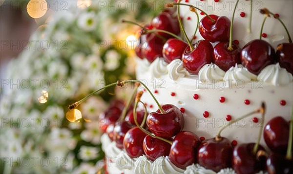 Ripe cherries adorning a wedding cake, closeup view, bokeh lights on background AI generated