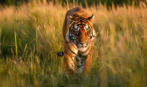 A Bengal tiger prowling through tall grass in its native habitat AI generated