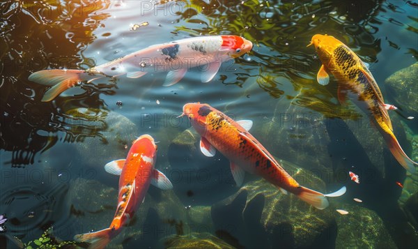 A group of colorful koi fish swimming in a tranquil pond AI generated