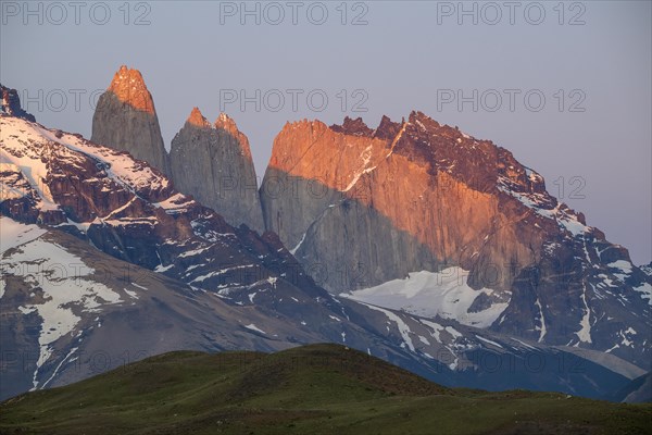 Andes mountain range, morning light, Torres del Paine National Park, Parque Nacional Torres del Paine, Cordillera del Paine, blue sky towers, Region de Magallanes y de la Antartica Chilena, Ultima Esperanza province, UNESCO biosphere reserve, Patagonia, end of the world, Chile, South America