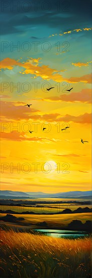 AI generated abstract painting of grasslands under a blazing sunset waves of greens