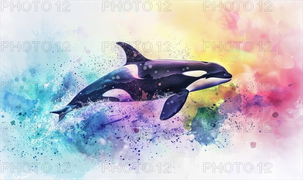 A watercolor depiction of an orca whale breaching the surface against a backdrop of vibrant ocean hues AI generated