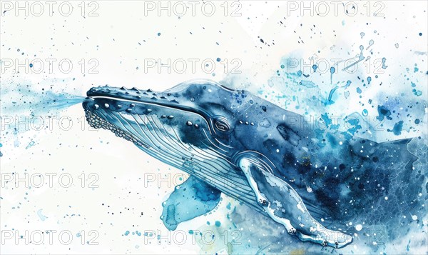 A watercolor illustration of a playful whale spraying water from its blowhole AI generated