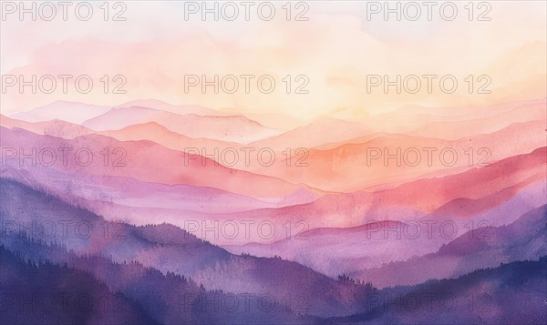 Soft hues of pink and orange in a watercolor valley painting during sunrise AI generated