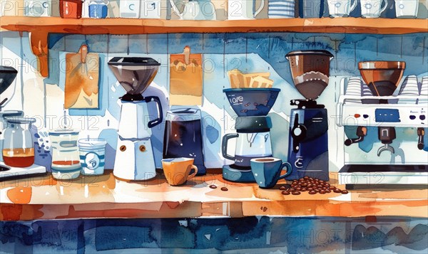 Watercolor illustration of a coffee shop scene with various coffee-related items like cups AI generated