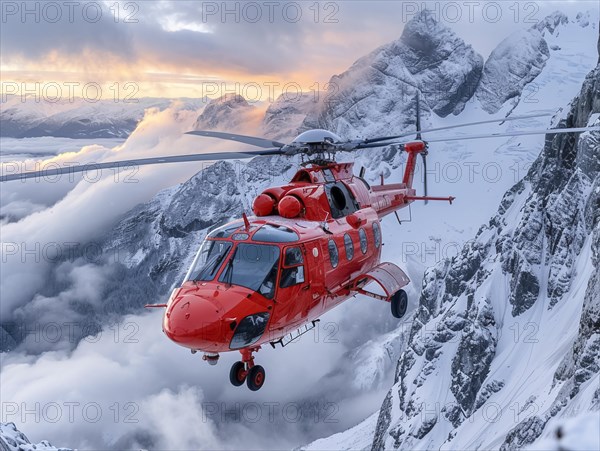 Ein roter Hubschrauber der Luftrettung nahe den schneebedeckten Bergen zur Daemmerstunde, Rettungshubschrauber im Einsatz, AI generiert, AI generated