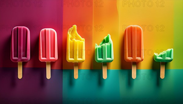Colorful popsicles on a rainbow gradient background with some melting, horizontal, AI generated