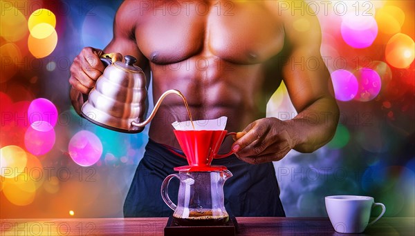 Black Bodybuilder brewing coffee with a kettle in a festive atmosphere with colorful lights in the background, horizontal, AI generated