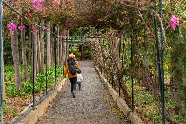 A mother and child enjoying and walking in a botanical garden. Family vacation concept