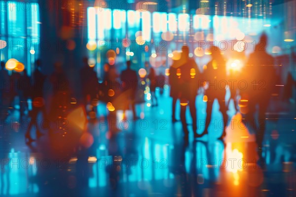 Blurred silhouettes of people in motion set against a backdrop of vibrant city nightlife, AI generated
