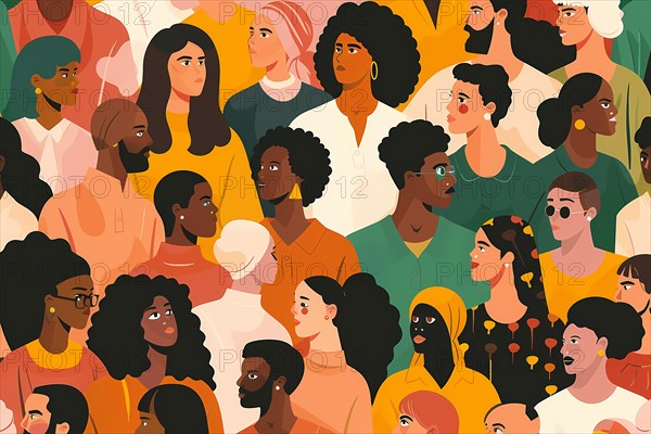 Illustration of a diverse crowd with colorful faces depicting a sense of community and multicultural society, illustration, AI generated