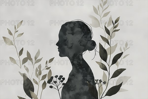 Silhouette of a woman's profile blending with botanical elements and foliage, illustration, AI generated