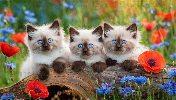 KI generated, animal, animals, mammal, mammals, cat, felidae (Felis catus), three cats resting on a tree, kittens