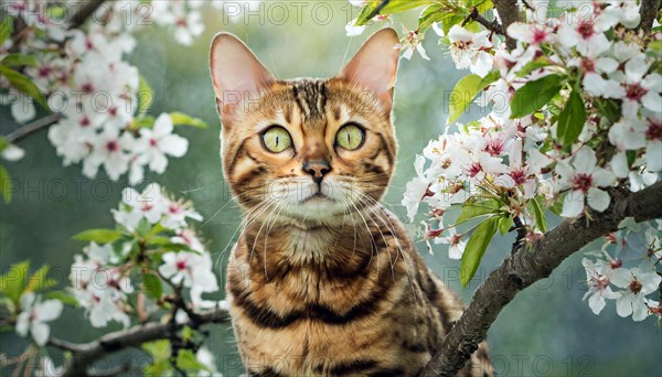 AI generated, animal, animals, mammal, mammals, cat, felidae (Felis catus), a cat resting on a tree, tree blossom, spring, summer