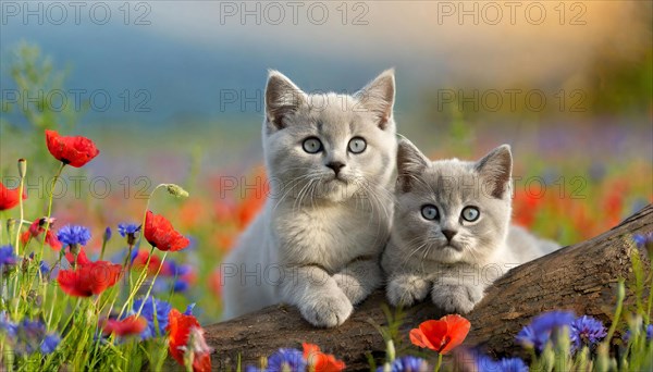 KI generated, animal, animals, mammal, mammals, cat, felidae (Felis catus), two kittens resting on a tree trunk, flower meadow, spring, summer