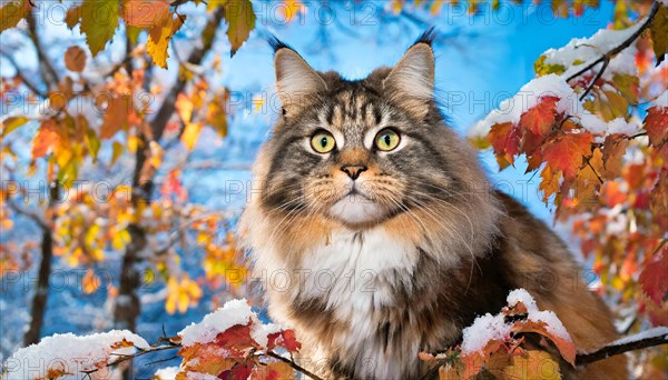 AI generated, animal, animals, mammal, mammals, cat, felidae (Felis catus), a colourful American Forest Cat, sitting in a tree, autumn, autumn leaves, snow, onset of winter