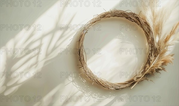 Delicate rattan frame on minimalistic natural material flat background, space for text AI generated