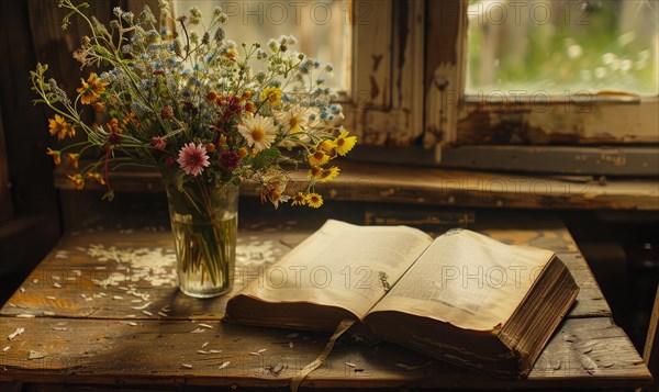 Antique desk with an open old book and a vase of wildflowers AI generated