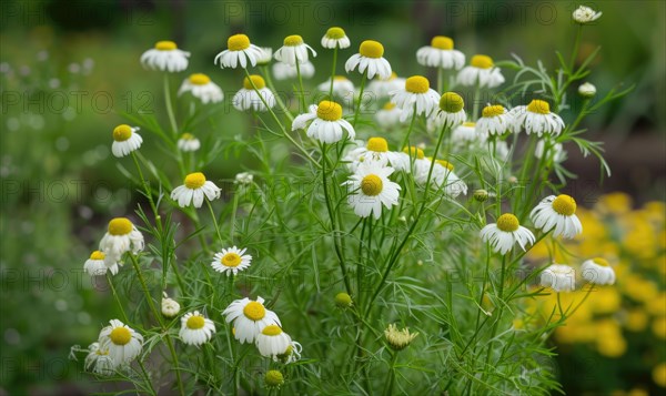 Chamomile plant growing in a garden, spring nature background AI generated