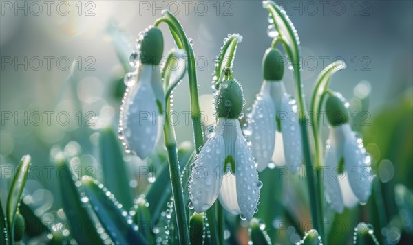 Close-up of snowdrops with dewdrops, spring nature background AI generated