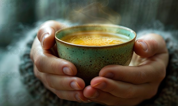 Hands holding a cup of steaming tea, close up view AI generated